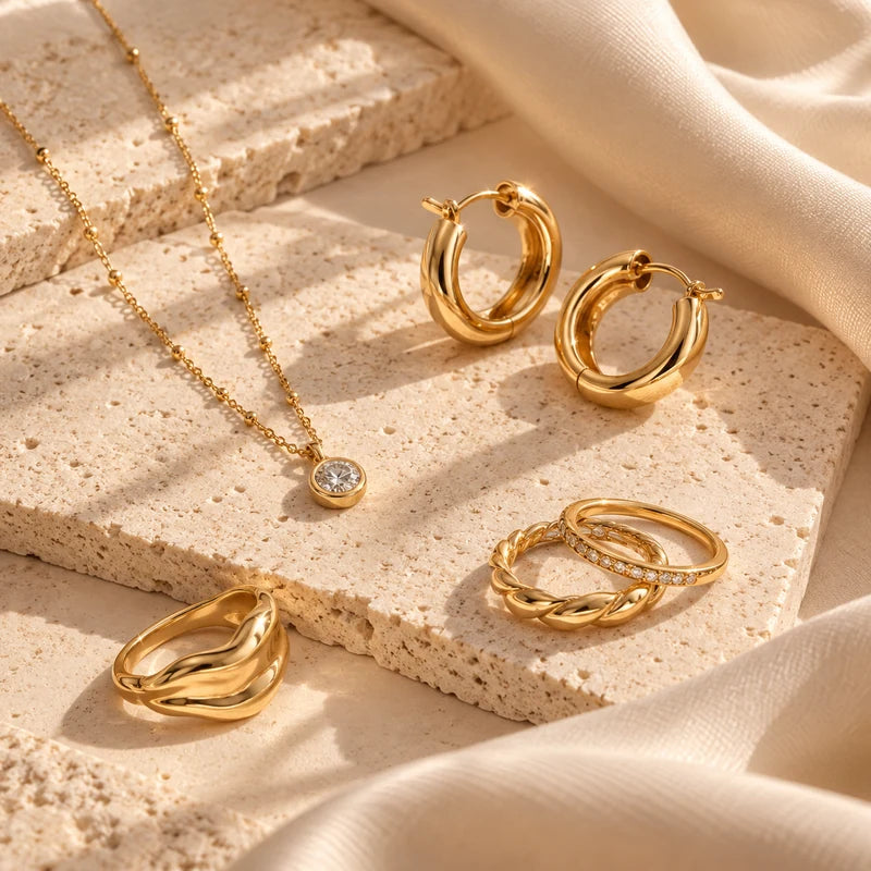 Bijoux élégants Maison Juliette — collier, créoles et bagues en or sur pierre beige